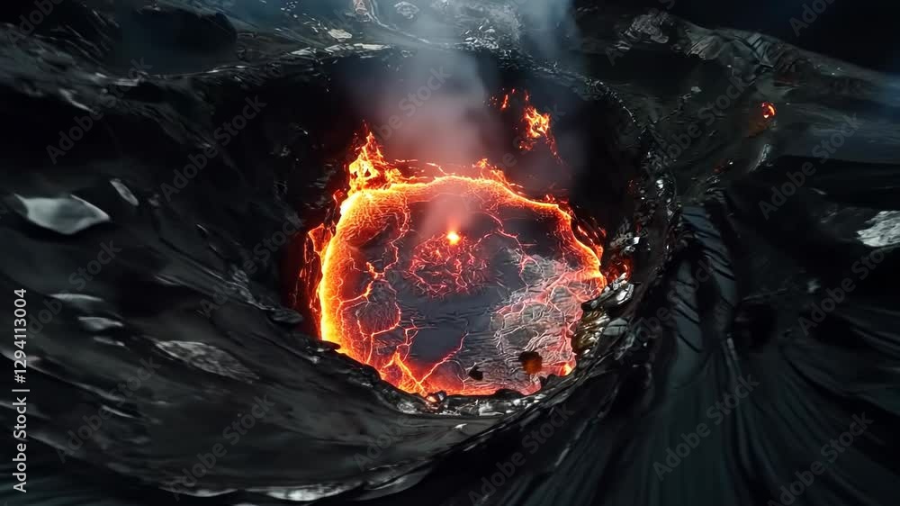 Wall mural volcano eruption from a bird view. volcano crater and magma flow shot from above