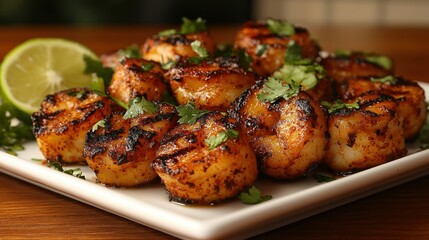 Grilled spicy shrimp on white plate with lime and cilantro, home kitchen