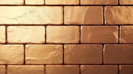 Obraz premium A close-up view of a textured wall made of shiny, golden bricks, showcasing a warm and luxurious appearance.