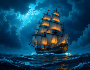 Fototapeta premium A majestic sailing ship at night, illuminated by moonlight, near a mystical cave.