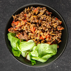 Rice lentil and vegetables snack fresh tasty food dish vegetarian vegan food no meat delicious gourmet food background on the table rustic food top view copy space keto and paleo diet