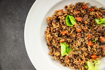 Rice lentil and vegetables snack fresh tasty food dish vegetarian vegan food no meat delicious gourmet food background on the table rustic food top view copy space keto and paleo diet
