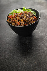 Rice lentil and vegetables snack fresh tasty food dish vegetarian vegan food no meat delicious gourmet food background on the table rustic food top view copy space keto and paleo diet
