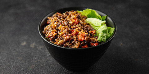 Rice lentil and vegetables snack fresh tasty food dish vegetarian vegan food no meat delicious gourmet food background on the table rustic food top view copy space keto and paleo diet