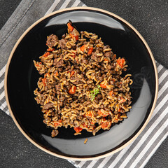 Rice lentil and vegetables snack fresh tasty food dish vegetarian vegan food no meat delicious gourmet food background on the table rustic food top view copy space keto and paleo diet