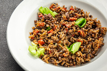 Rice lentil and vegetables snack fresh tasty food dish vegetarian vegan food no meat delicious gourmet food background on the table rustic food top view copy space keto and paleo diet