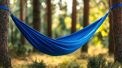 Tranquil Blue Hammock Between Tall Pine Trees in Peaceful Forest