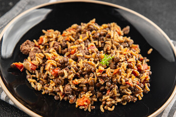 Rice lentil and vegetables snack fresh tasty food dish vegetarian vegan food no meat delicious gourmet food background on the table rustic food top view copy space keto and paleo diet
