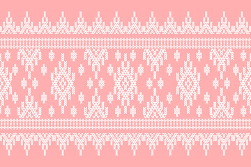 Ikat cross stitch geometric embroidery seamless knitted pattern on damask background. Perfect decorative design for sweater, fabric, decoration, illustration, ornament, texture, textile, interior 
