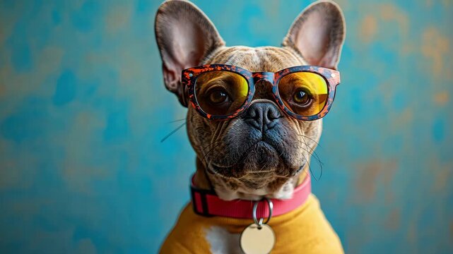 A dog wearing stylish glasses poses for the camera.