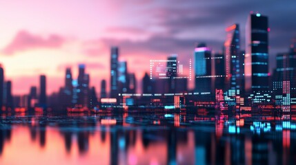 Futuristic Smart City at Dusk with Digital Data Overlay Visualization