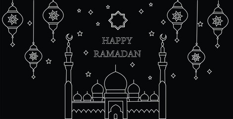 Ramadan 2025 Crescent Moon and Stars Vector Illustration – Islamic Festive Design with Hanging Lanterns and Ornaments on Transparent Background.