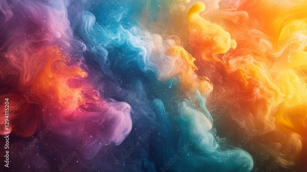 Poster A mesmerizing spectacle unfolds as vibrant swirls of color merge and swirl, creating a cosmic tapestry of orange, blue, and pink against a starry backdrop