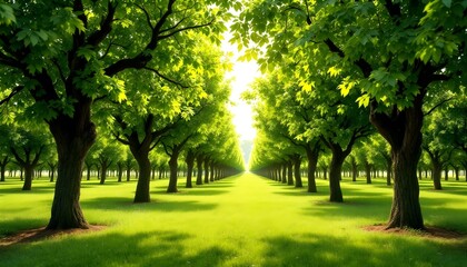 Naklejka premium Lush green orchard, sunlit tree-lined path, vibrant grass, symmetrical rows of trees, golden hour lighting