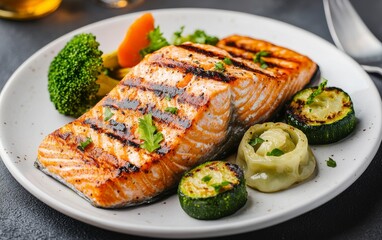 Grilled Salmon Plate with Steamed Vegetables and Herbs Garnish