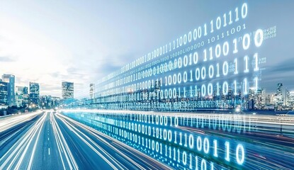 Highway flyover with binary code numbers on motion blurred asphalt  road , speed and faster digital matrix technology information concept