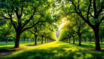 Lush green orchard, sunlit tree-lined path, vibrant grass, symmetrical rows of trees, golden hour lighting