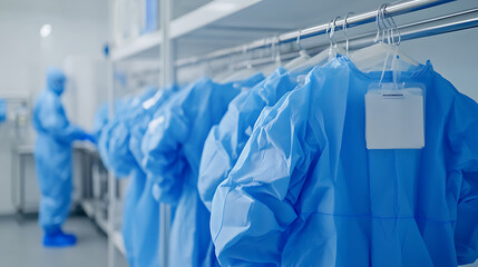 Cleanroom attire: Protective clothing in sterile environment. Blue coveralls ensure contamination control for sensitive research and manufacturing.