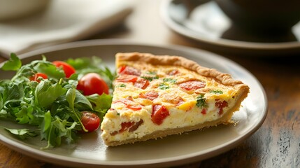 A breakfast setup featuring a quiche slice, a cup of coffee, and fresh greens on a wooden table.