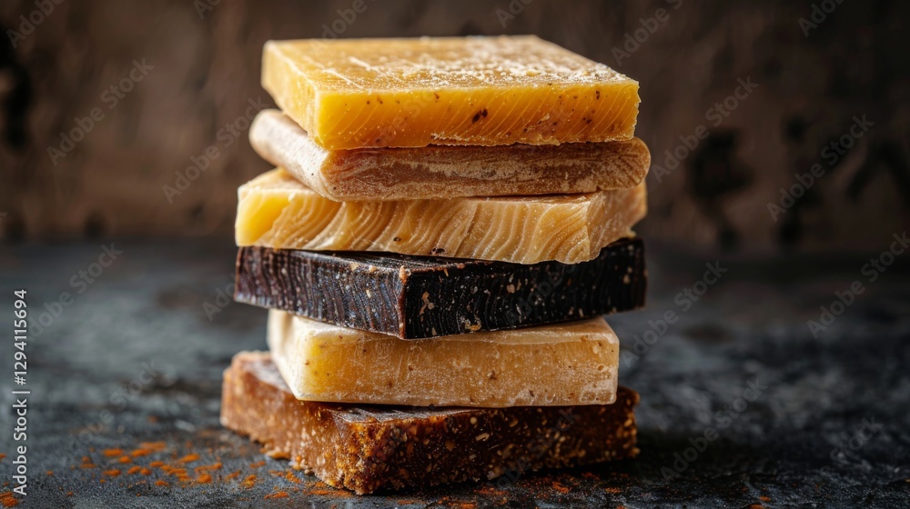 Poster Several layers of artisanal soaps in different colors and textures are neatly stacked on a dark, textured surface, creating an attractive arrangement for anyone who appreciates craftsmanship.