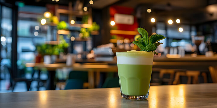 Matcha green tea latte drink, vibrant summer drink bubbly texture, refreshing cafe beverage, aesthetic matcha presentation