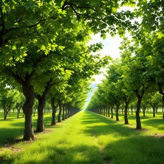 Fototapeta premium Lush green orchard, sunlit tree-lined path, vibrant grass, symmetrical rows of trees, golden hour lighting