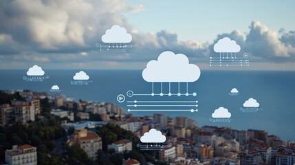 Aerial View of City with Floating Clouds Above Coastal Landscape