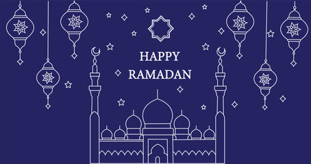 Ramadan 2025 Crescent Moon and Stars Vector Illustration – Islamic Festive Design with Hanging Lanterns and Ornaments on Transparent Background.