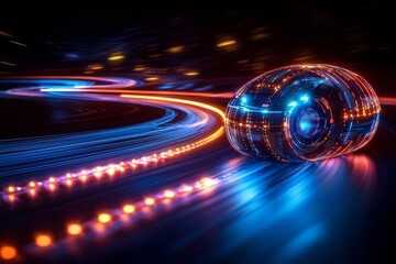 Image generative ai powerful acceleration of futuristic sports supercar on neon night highway track with colorful lights and trails