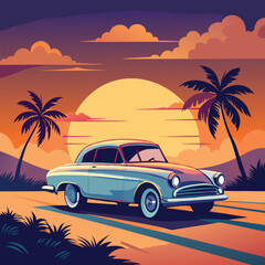 Summer Paradise California vintage poster. Retro car on the beach.