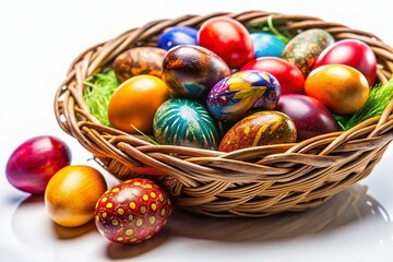 Fototapeta premium Colorful Easter Eggs Overflowing in a Rustic Basket - Spring Holiday Festive Background