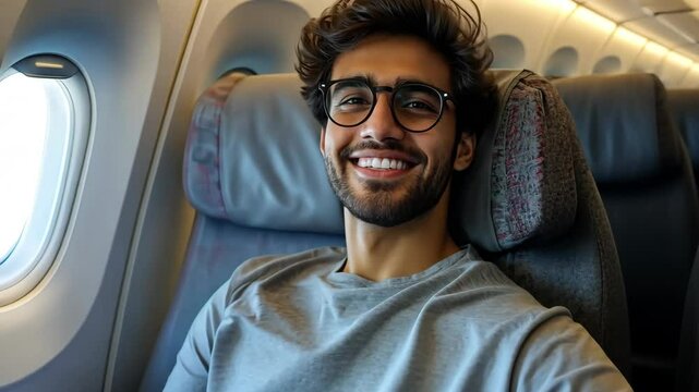 Young man sitting by the window on the plane. Smiling man going on a plane trip.