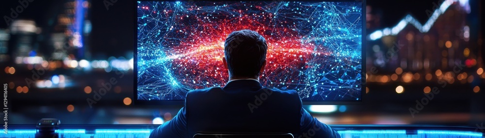 Poster a person sits in front of a large screen displaying a vibrant data visualization against a city skyl
