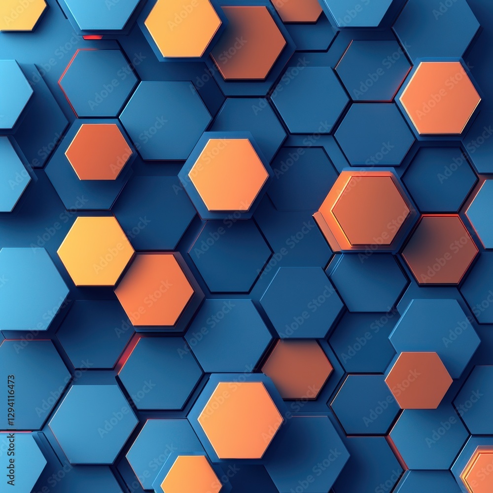 Poster colorful hexagonal pattern with blue and orange tones, creating a vibrant and modern design.