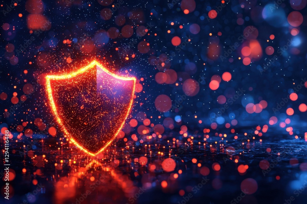 Poster a glowing shield symbol in a vibrant, sparkling background, representing protection and security in 