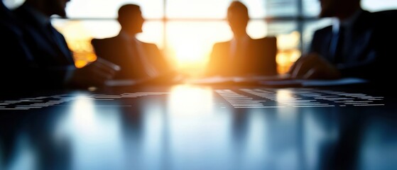 A silhouette of business professionals in a meeting, with a bright sunset in the background, suggesting a collaborative and strategic atmosphere.