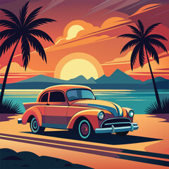 Summer Paradise California vintage poster. Retro car on the beach.