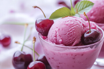 Creamy tart cherry sorbet in glass bowl, garnished with fresh cherries and mint leaves, evokes refreshing summer treat. Perfect for dessert lovers