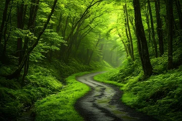 Tuinposter Bosweg Lush Forest Path Winding Through Green Woods  © Armaya