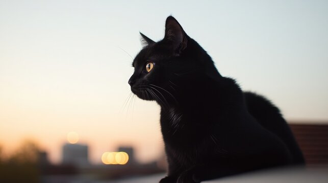 Silhouette of black cat against sunset, eyes glowing, creating m