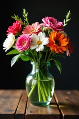 Fototapeta premium Elegant glass vase, vibrant blooms on rustic wooden table, light, design, still life