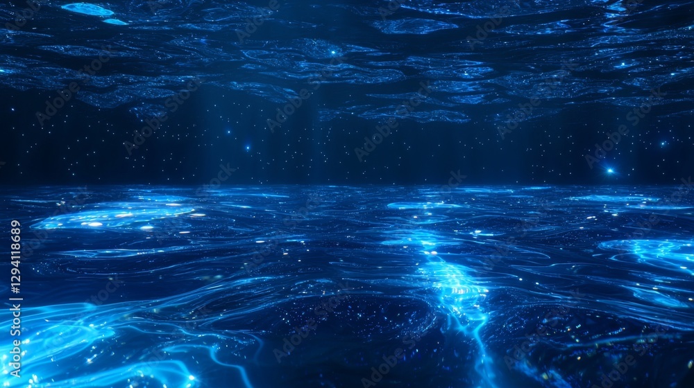 Poster mesmerizing underwater scene with glowing blue light and sparkling particles beneath the surface of 
