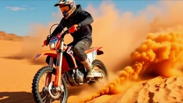 A biker rides a dirt bike in slow motion, kicking up a cloud of sand as the wheels spin across the rugged terrain. The 4K video footage captures every detail, from the dust flying into the air 