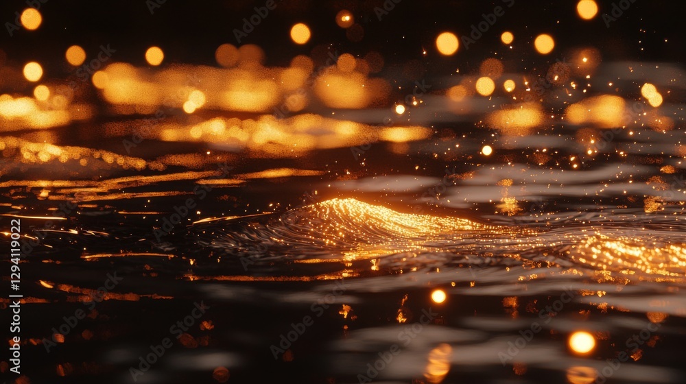 Poster golden reflections on water surface with glowing bokeh light patterns in a serene natural scene at d