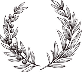 Obraz premium PNG Laurel Motif, floral wreath symbol. A wreath with leaves and a symbol for the winner of the contest. Outline olive branch. Hand drawn black and white line art, Illustration drawing, leaf engraving