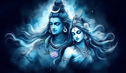 Divine Love – Lord Shiva and Goddess Parvati in Ethereal Blue Art