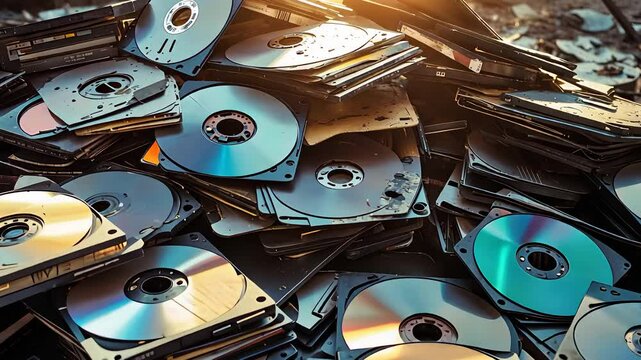 Pile of Old Compact Discs and DVDs with Scratches and Reflections in Sunlight Showing Outdated Digital Storage Media

