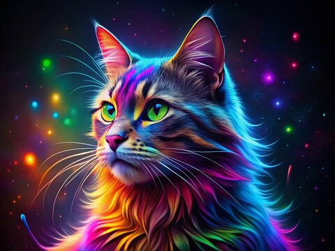 Colorful Rainbow Cat Night Photography - Magical Feline in Neon Lights