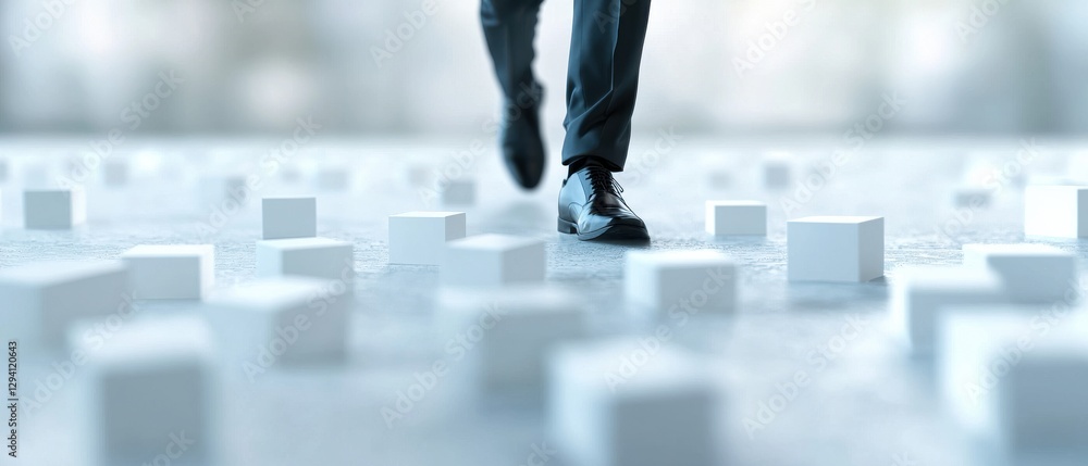 Aufkleber a person in formal attire walks over a floor scattered with white cubes, creating a surreal and abst