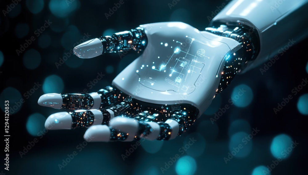 Poster futuristic robotic hand with digital circuitry against a bokeh backdrop.